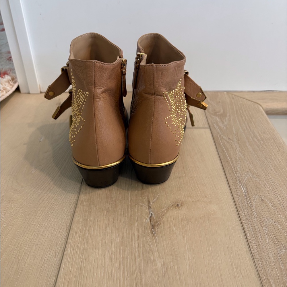 Chloe Studded Beige Ankle Boots with Buckles - Picture 4 of 6